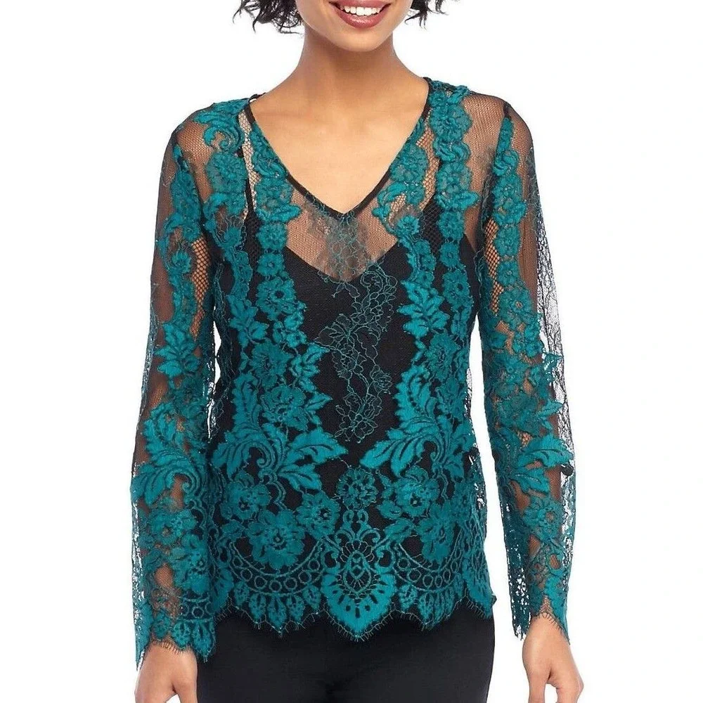 NWT The Limited Sz L Turquois & Black Lace Fairy Whimsigoth Sheer V-neck Blouse